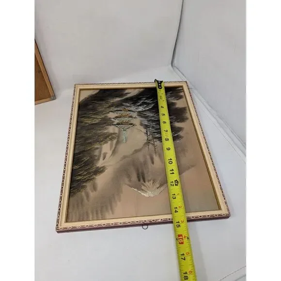 Vintage Pair of Japanese‎ Silk Paintings Embroidered Crewel Asian Mount Fuji MCM Mixed Media